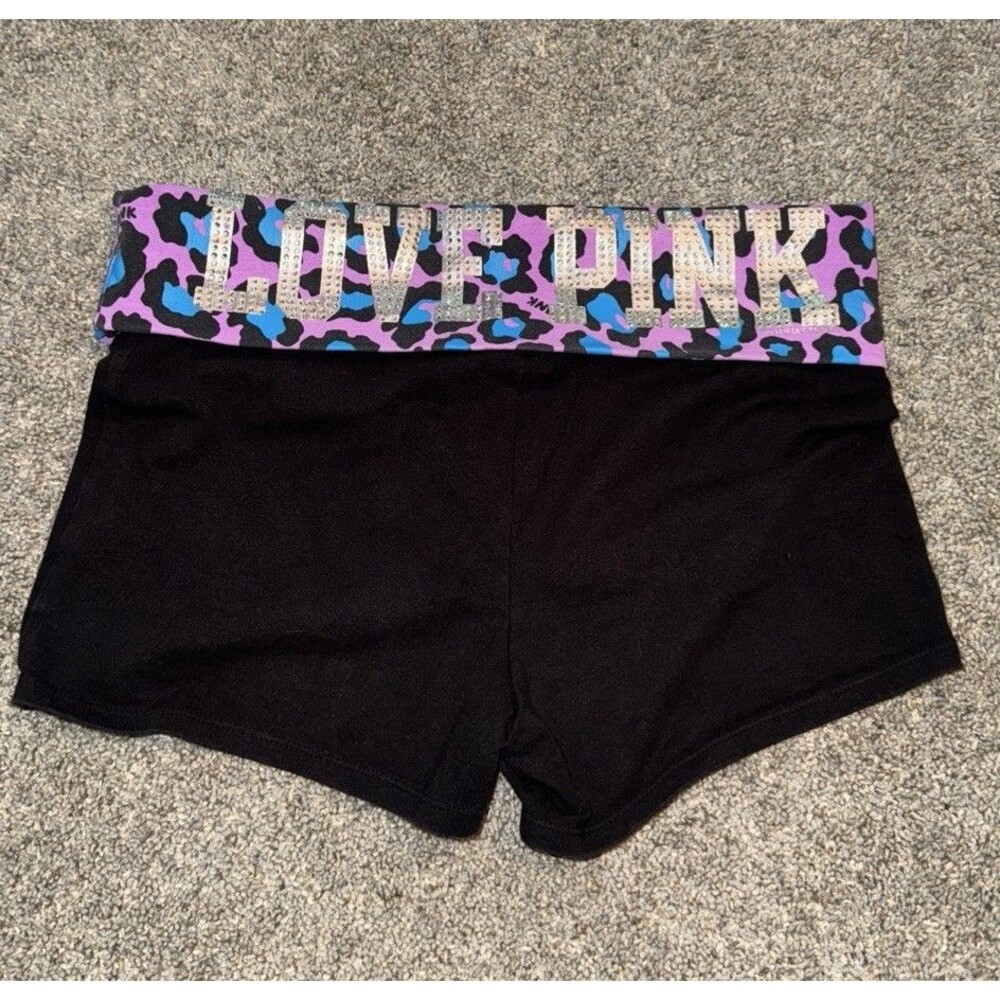 Y2K Victoria Secret PINK Silver Bling Foldover Yoga Shorts Blue Pink Leopard Lg